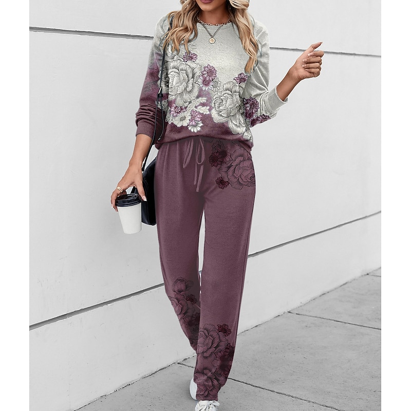 Women's 2 Pieces Sweatshirt Tracksuits Active Daily Tracksuit Pants Sets Joggers Pants Trousers Long Sleeve Round Neck Floral Drawstring Print Outdoor Casual Black Pink Blue2