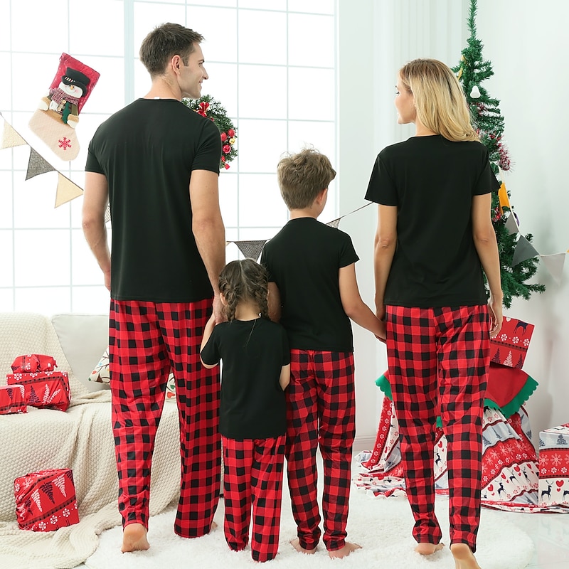 Family Christmas Family Pajamas Pajamas Graphic Plaid Pajamas Cute Christmas Pajamas School Print Colorblock Black White Long Sleeve Mommy And Me Outfits Active Matching Outfits2