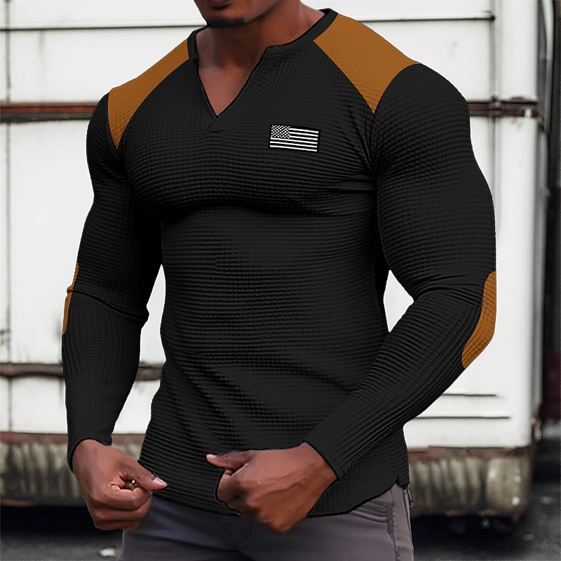 Men's T Shirt Henley Shirt Waffle Knit Tee Tee Top Long Sleeve V Neck Spring &  Fall Color Block Fashion Designer Basic Patchwork Vacation Street Going out Black White Khaki Top Tee for Men3