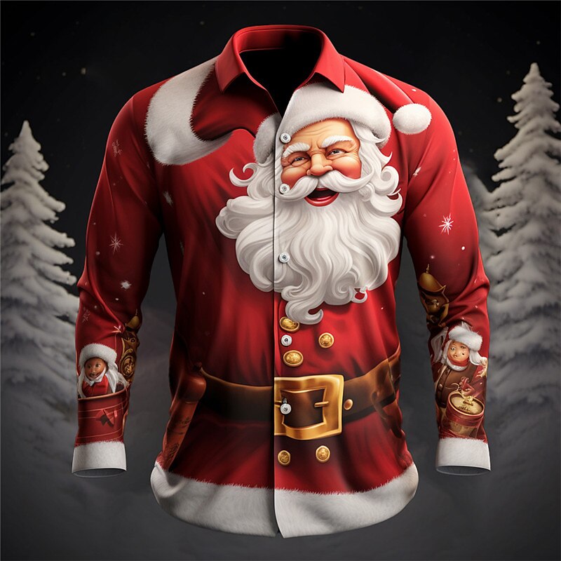 Men's Santa Claus Shirt Long Sleeve Casual Christmas Daily Wear Going out Fall & Winter Turndown Print Button-Down Yellow Red Burgundy Royal Blue Blue
