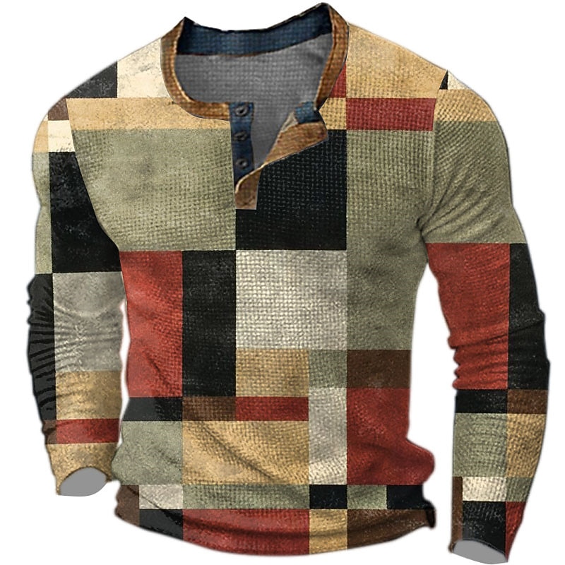 Men's Graphic Plaid Color Block Henley Shirt Waffle T Shirt Long Sleeve 3D Print Fashion Designer Casual Sports Outdoor Holiday Festival Spring &  Fall Red Purple Brown Green Henley Henley T-Shirt