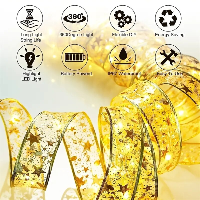 1Pcs Gold Christmas Ribbon Fairy Lights196.85inch 50 LED Lights Battery Powered Copper Fairy Strings LightsRibbon Bows Lights For Garden Decor Home Decor Living Room Halloween Christmas Wedding4