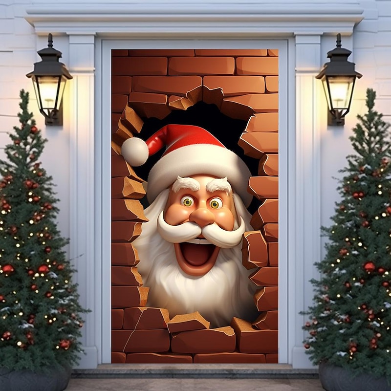 Christmas Door Decorations Santa Breaking Wall Door Covers Door Tapestry Door Curtain Decoration Xmas Backdrop Door Banner for Front Door Holiday Party Decor Supplies