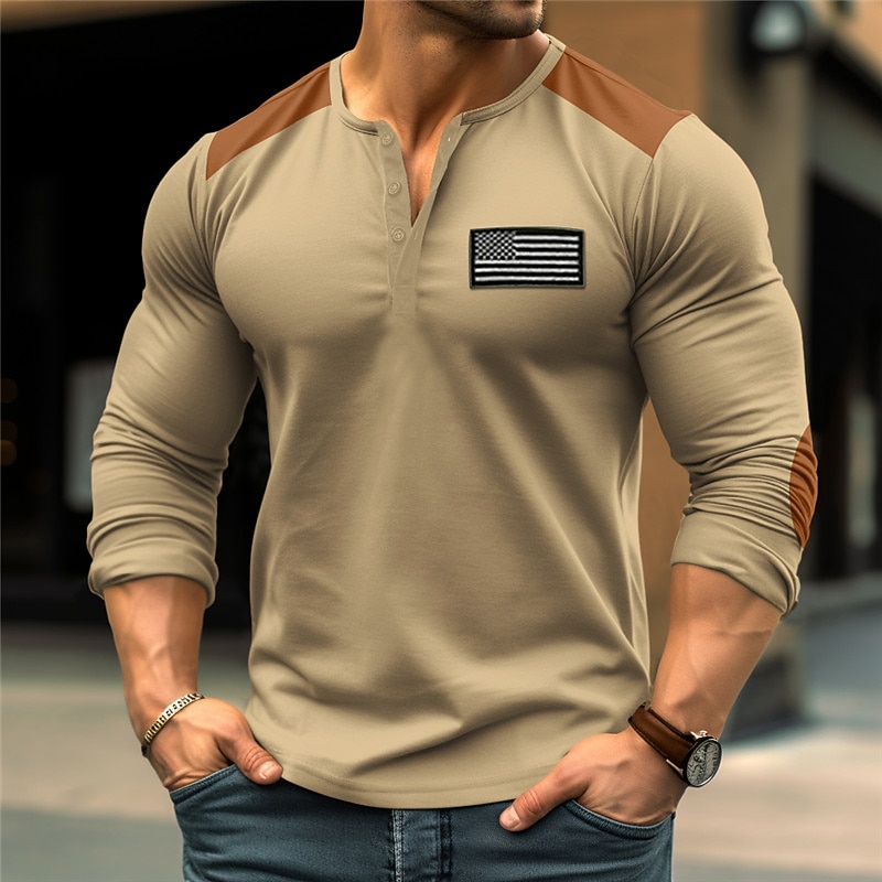 Men's Button T Shirt Henley Shirt Tee Top Long Sleeve Shirt Long Sleeve Henley Spring &  Fall Color Block National Flag Fashion Designer Basic Embroidery Vacation Street Going out Black White Khaki