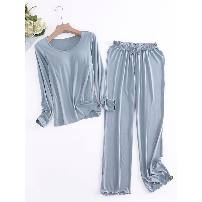 Women's Pajamas Sets Pure Color Casual Comfort Home Bed Modal Breathable Crew Neck Long Sleeve Shirt Pant Fall Winter Home Outfits2