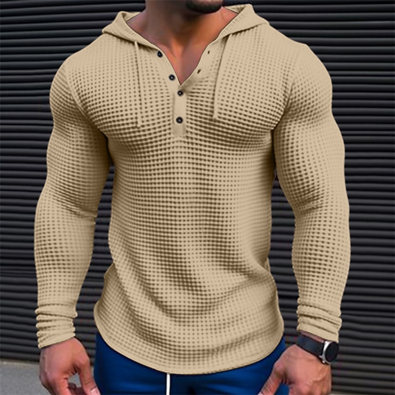 Men's T Shirt Waffle Henley Shirt Tee Top Long Sleeve Shirt Long Sleeve Hooded Spring &  Fall Color Block Fashion Designer Basic Patchwork Vacation Street Going out White Khaki Army Green Top Tee for