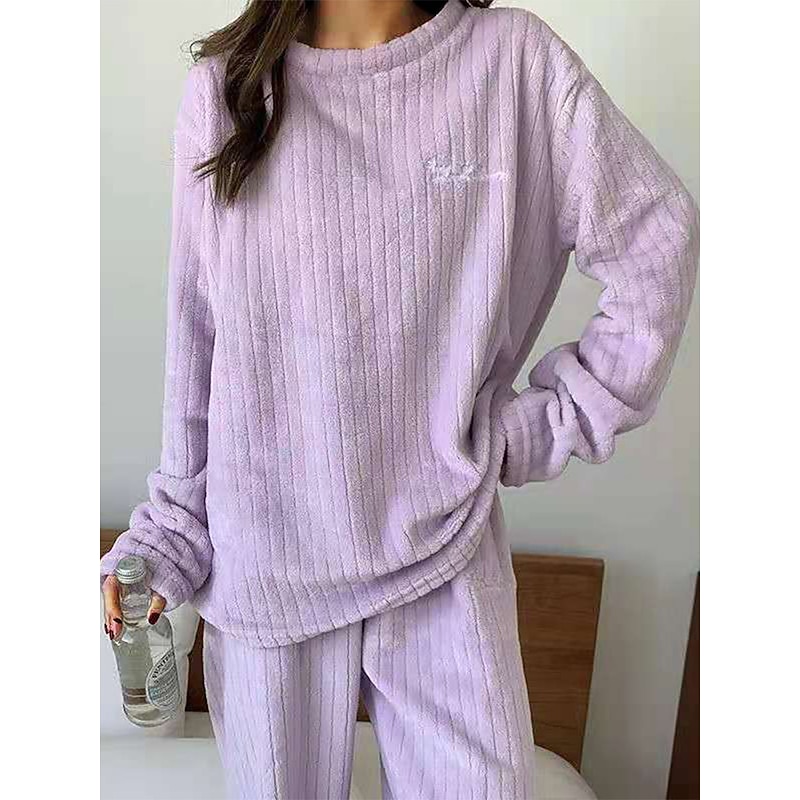 Women's Pajamas Sets Letter Plush Casual Comfort Home Daily Bed Coral Fleece Coral Velvet Warm Crew Neck Long Sleeve Pullover Pant Elastic Waist Fall Winter Light Pink White Home Outfits4