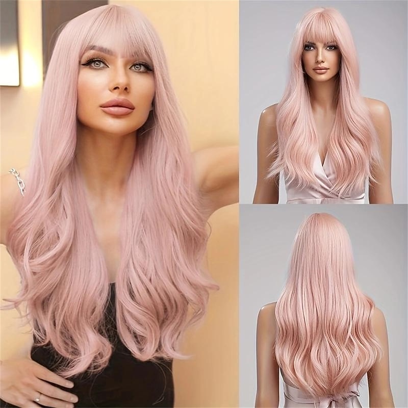 Synthetic Wig Curly Neat Bang Wig Long Brown Pink Synthetic Hair Women's Fashionable Design Natural Easy to Carry Pink Brown Christmas Party Wigs