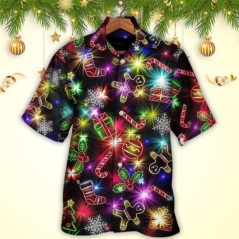Christmas Men's Christmas Scene Printed Shirts Pattern Artistic Casual Outdoor Street Fall Turndown Short Sleeve Black S M L Shirt