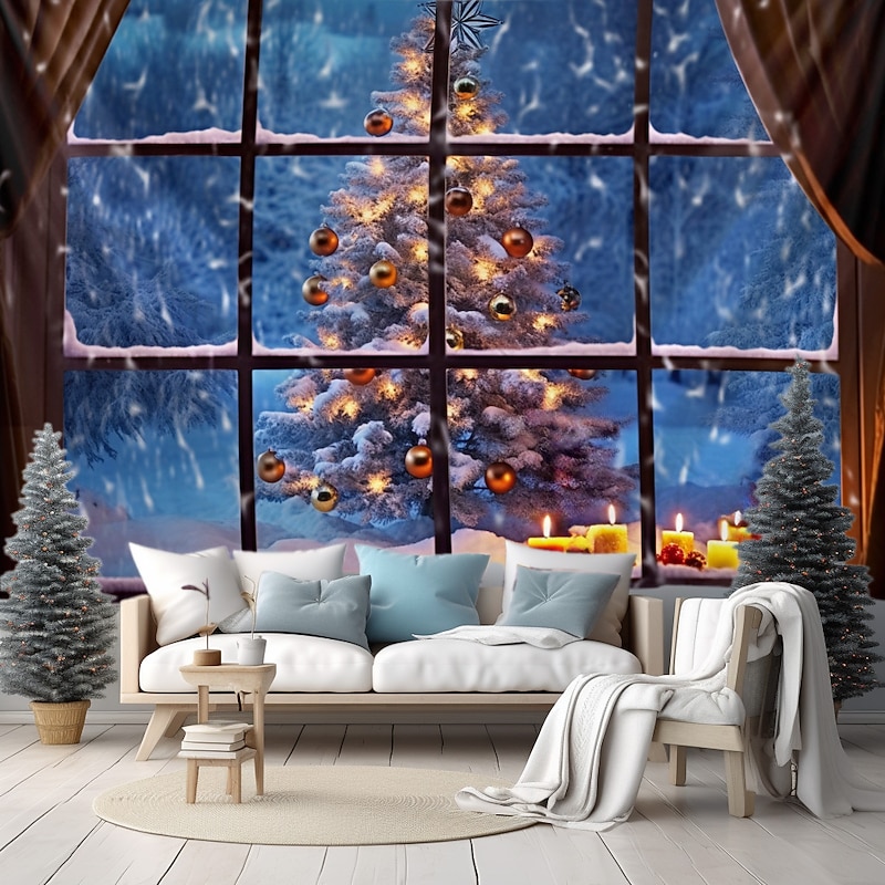Christmas Decorations Hanging Tapestry Christmas Tree Winter Snow Wall Art Xmas Large Tapestry Mural Decor Photograph Backdrop Blanket Curtain Home Bedroom Living Room Decoration Window View2