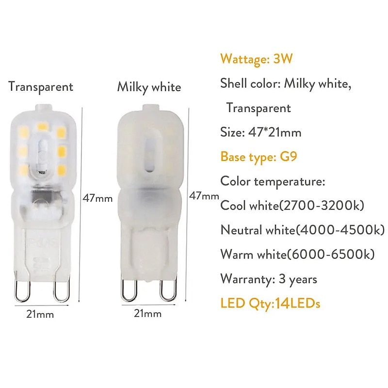 10pcs Dimmable Super Bright G9 LED Light Bulb 3W 220V 2835 Lamp Cold White/Warm White Constant Power Light LED Lighting G9 Bulbs4