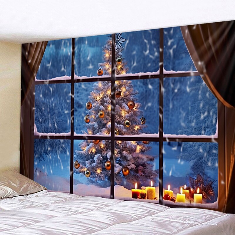Christmas Decorations Hanging Tapestry Christmas Tree Winter Snow Wall Art Xmas Large Tapestry Mural Decor Photograph Backdrop Blanket Curtain Home Bedroom Living Room Decoration Window View4
