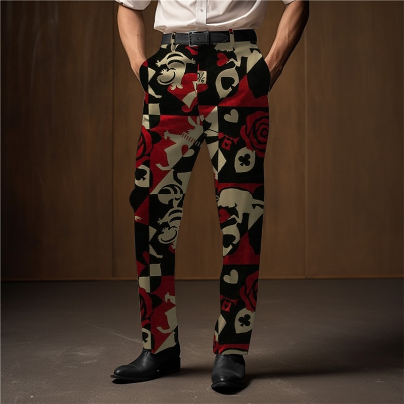 Color Block Poker Abstract Men's 3D Print Pants Trousers Outdoor Street Wear to work Polyester Wine Red Blue S M L High Elasticity Pants