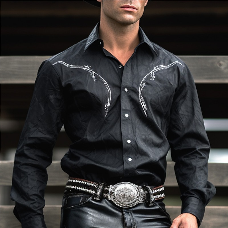 Men's Cowboy Shirt Western Shirt Cowboy Shirt Long Sleeve Western Style Outdoor Street Casual Daily Fall & Winter Turndown Buttons Print Black Brown