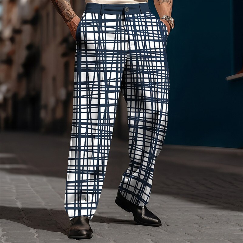 Plaid Geometry Business Abstract Men's 3D Print Pants Trousers Outdoor Street Wear to work Polyester Black Blue Brown S M L High Elasticity Pants