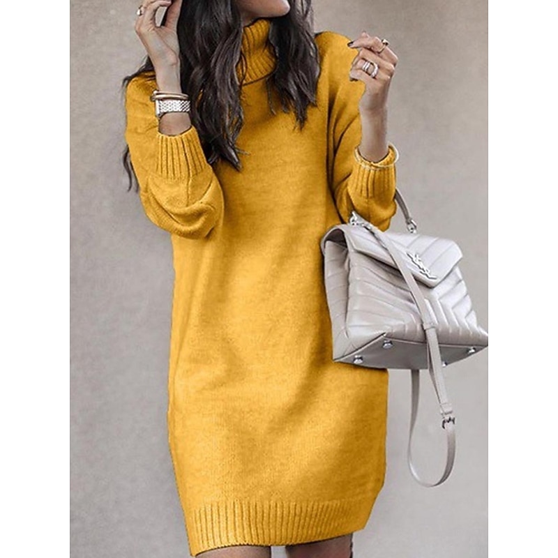 Women's Sweater Dress Stylish Casual Soft Solid Color Ribbed Turtleneck Knitted Long Sleeve Long Tops Knit Outdoor Daily Going out White Yellow Fall Winter4