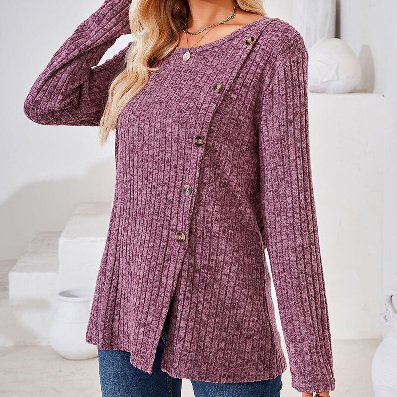 T shirt Tee Women's Black Wine Blue Solid / Plain Color Button Split Daily Fashion Round Neck Regular Fit S4