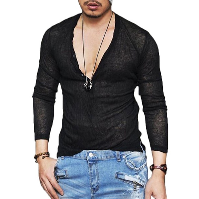 Men's Shirt T Shirt Long Sleeve Shirt Long Sleeve Deep V Graphic Plain Muscle Esencial Black White Top Tee for Men3