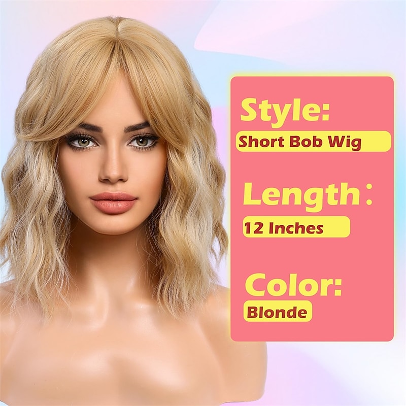 Blonde Bob Wigs for WomenSynthetic Wavy Curly Hair Wig with Bangs for Daily Use2