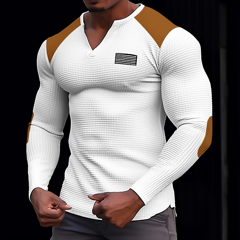 Men's T Shirt Henley Shirt Waffle Knit Tee Tee Top Long Sleeve V Neck Spring &  Fall Color Block Fashion Designer Basic Patchwork Vacation Street Going out Black White Khaki Top Tee for Men