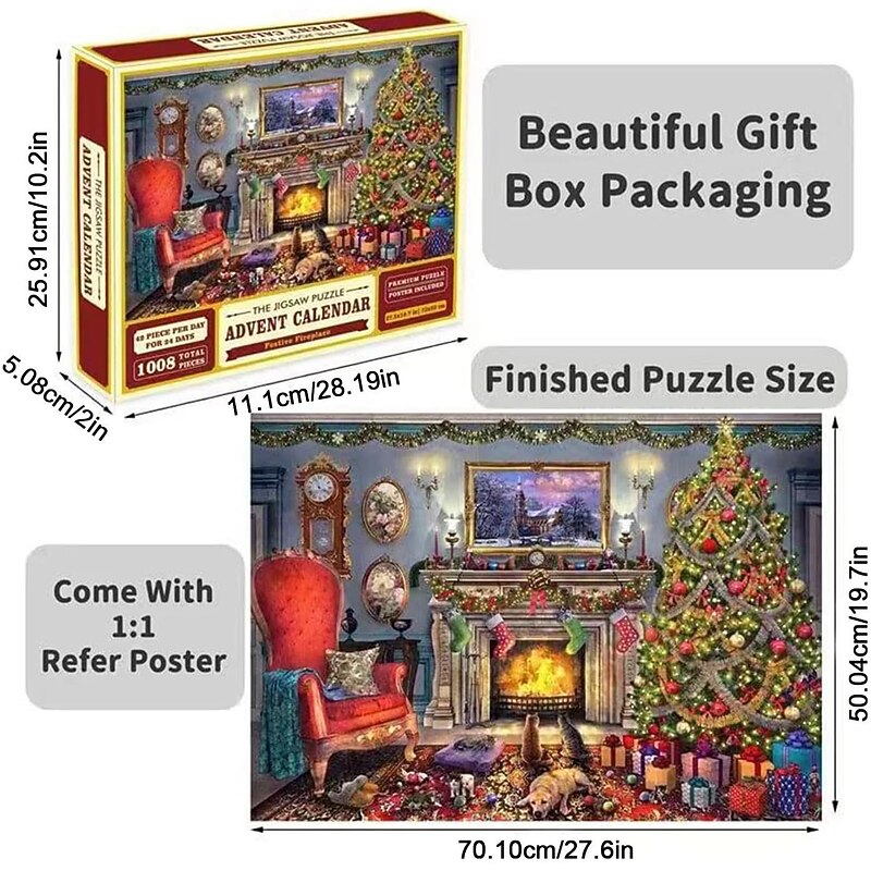 Advent Calendar 2024 Christmas Jigsaw Puzzles Blind Box Christmas by the Fireplace Holiday Puzzles for Adults Kids, 24 Parts 1008 Pieces Jigsaw Puzzles Gift for Countdown to Christmas3