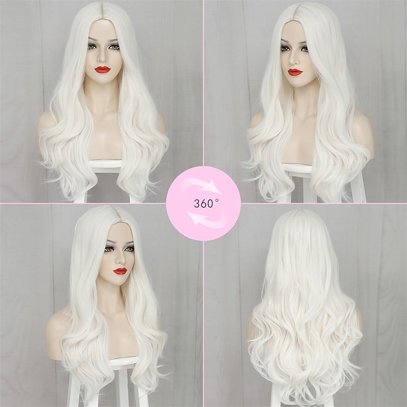 White Wigs for Women 26 Inches Long White Wig Synthetic Wig Middle Part Natural Looking White Wavy Wig for Daily Use Halloween Cosplay Wig Christmas Party Wigs3