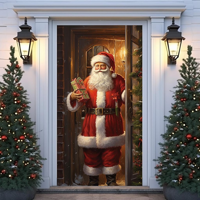Christmas Door Decorations Santa Wreath Door Covers Door Tapestry Door Curtain Decoration Xmas Backdrop Door Banner for Front Door Holiday Party Decor Supplies4