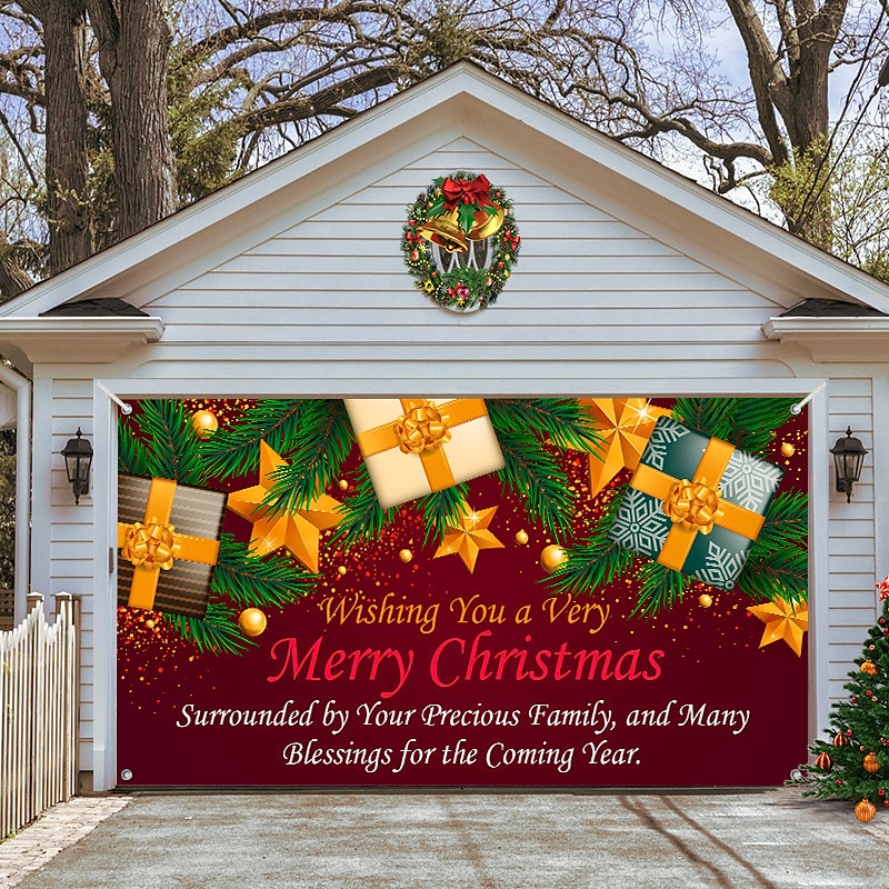 Christmas Garage Door Banner, Indoor Outdoor Christmas Holidays, Happy Background, Decoration Cover, Christmas Happy New Year Banner, Large Door Cover, Christmas Decoration3