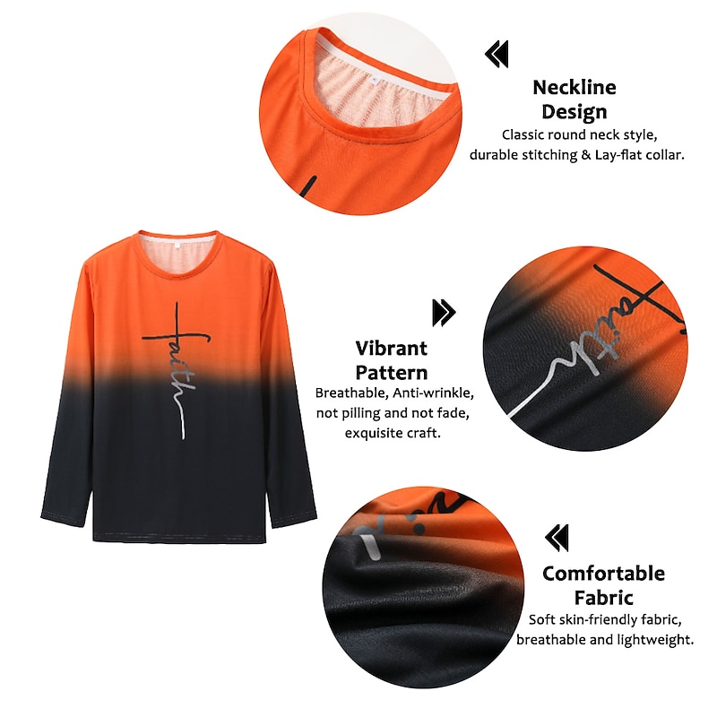 Men's Graphic Letter Faith T Shirt Long Sleeve T shirt 3D Print Crew Neck Shirt Fashion Designer Casual Sports Outdoor Holiday Going out Blue Orange Brown Spring &  Fall Clothing Apparel S M L XL 2XL2