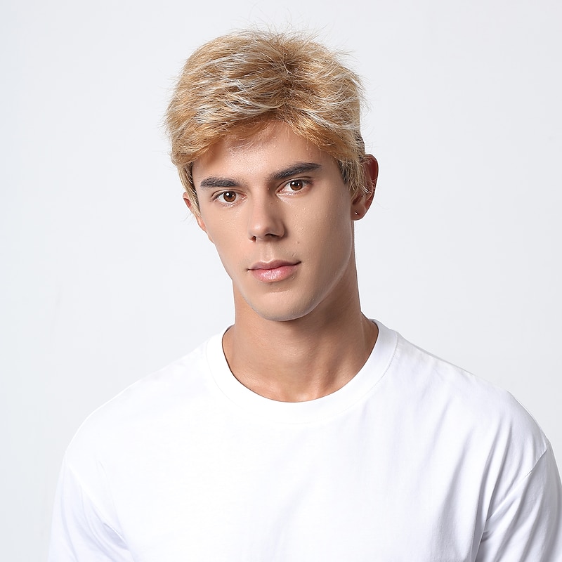 Synthetic Wig kinky Straight Middle Part Layered Haircut Machine Made Wig 8 inch Light golden Synthetic Hair Men's Cosplay Party Fashion Blonde Christmas Party Wigs3