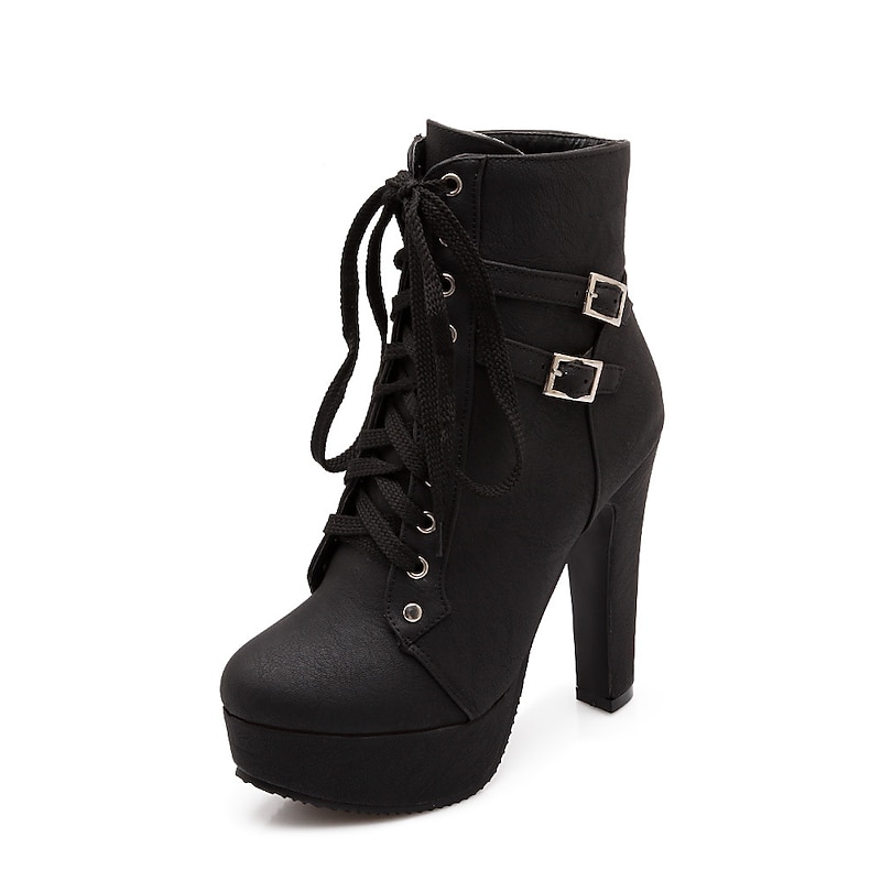 Women's Black Lace-Up High Heel Ankle Boots with Double Buckle Straps – Fashion Platform Stiletto Booties for Party and Night Out2