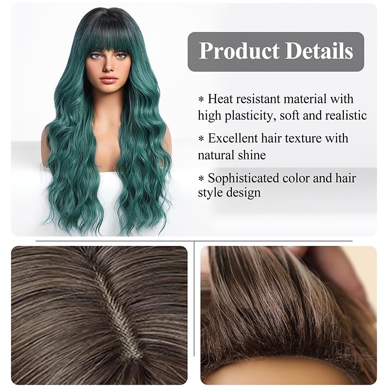 KOME Green Wigs with Bangs,Green Wig for Women Highlight Long Wavy Wig for Women,Long Curly Wigs Synthetic Hair Wig for Party Cosplay Daily Use Christmas Party Wigs4