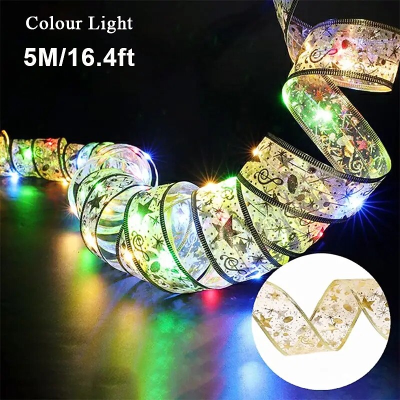 1Pcs Gold Christmas Ribbon Fairy Lights196.85inch 50 LED Lights Battery Powered Copper Fairy Strings LightsRibbon Bows Lights For Garden Decor Home Decor Living Room Halloween Christmas Wedding