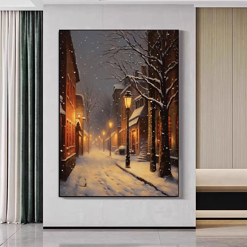 Wonderful Wall Art Hand Painted Winter Scenery Oil Painting on Canvas Handmade Beauty Winter Snow Landscape Street View Oil Painting2