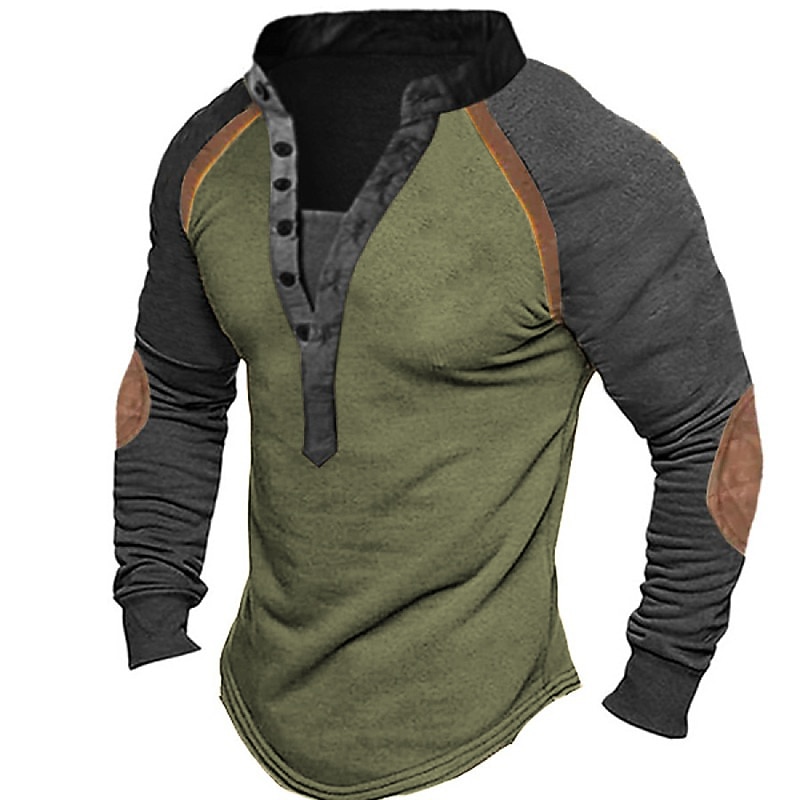 Men's Button T Shirt T Shirt Henley Shirt Tee Top Long Sleeve Henley Spring &  Fall Color Block Fashion Designer Basic Patchwork Vacation Street Going out Green Khaki Gray Top Tee for Men2