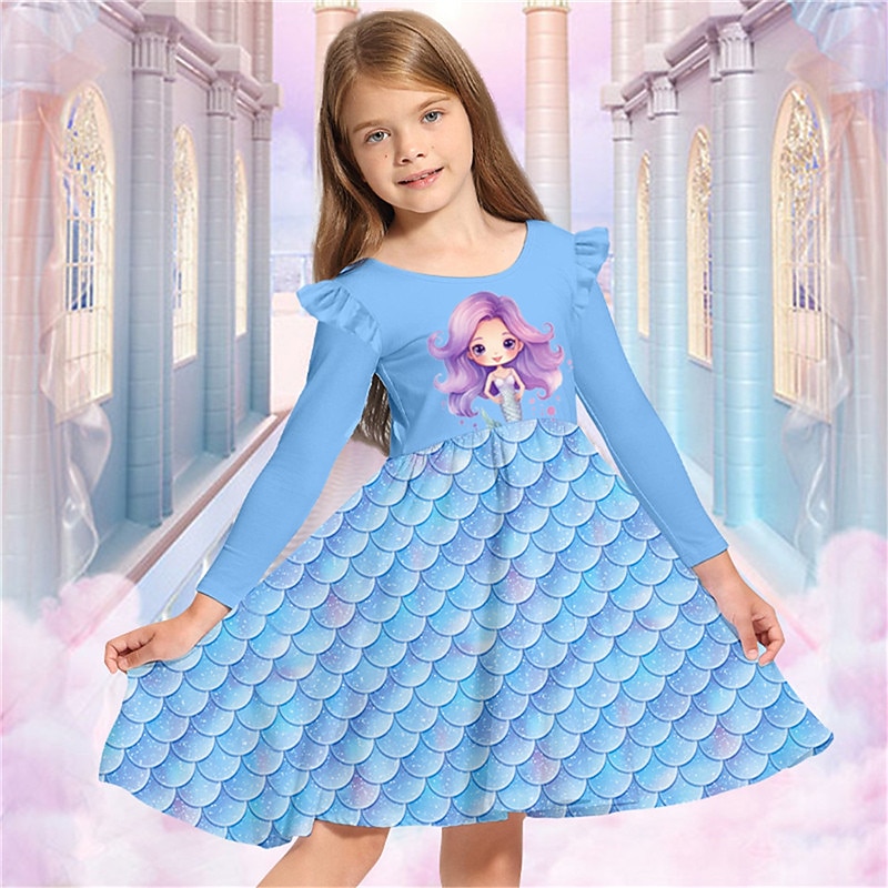 Girls' 3D Mermaid Ruffle Dress Pink Long Sleeve 3D Print Fall Winter Vacation Sports & Outdoor Daily Cute Casual Beautiful Kids 3-12 Years Casual Dress A Line Dress Above Knee Regular Fit - Main Image