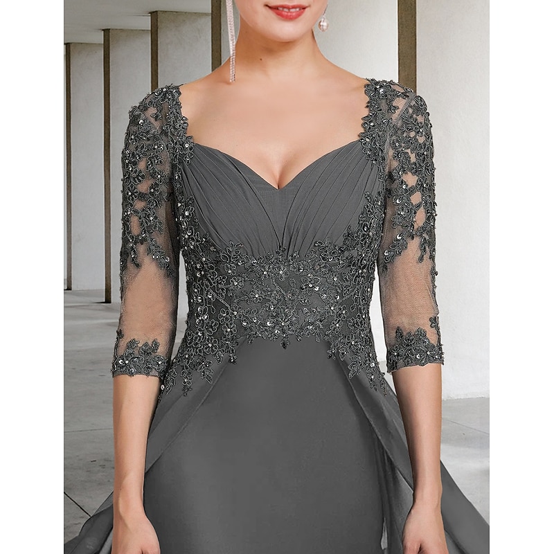 Sheath Mother of the Bride Dress Formal Wedding Guest Elegant Party Square Neck Floor Length Chiffon Lace 3/4 Length Sleeve with Sequin Appliques Ruching3