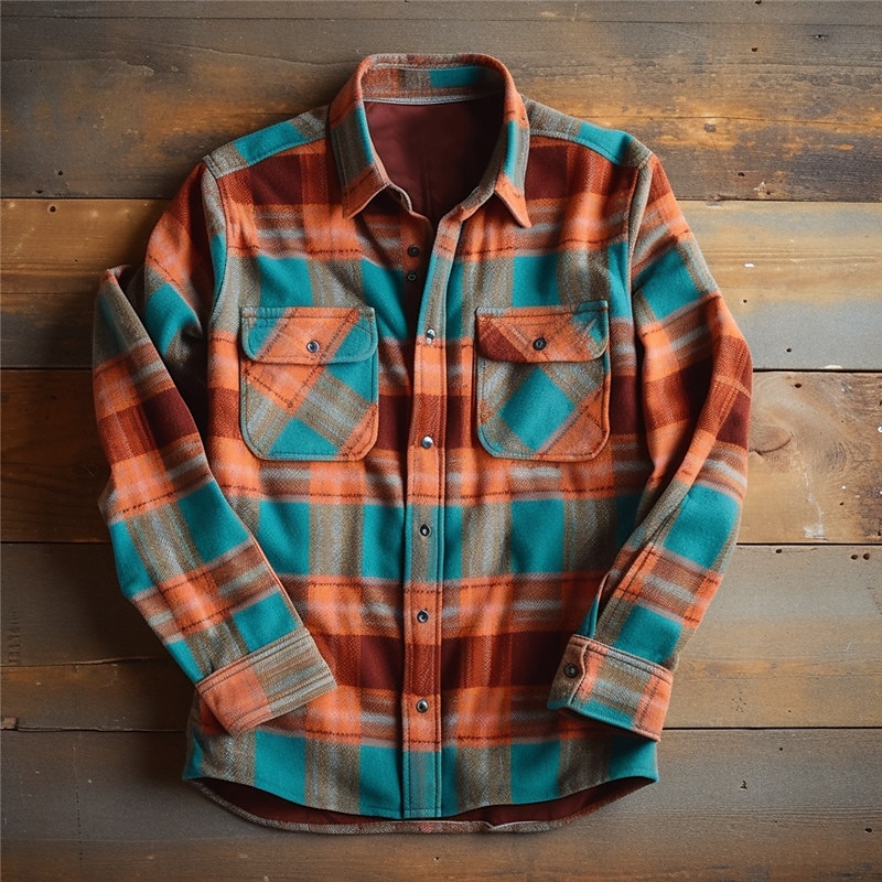 Men's Plaid Geometric Pattern Tribal Shirt Shirt Jacket Overshirt Long Sleeve Vintage Casual Outdoor Street Casual Daily Fall & Winter Turndown Buttons Pocket Print Blue Brown