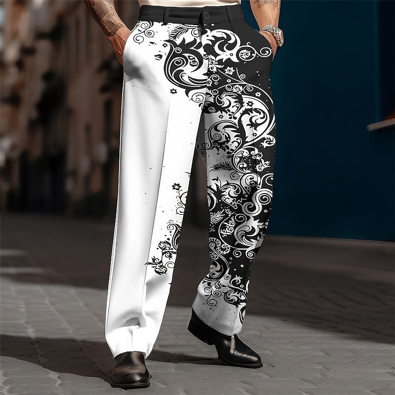 Floral Vintage Business Men's 3D Print Pants Trousers Outdoor Street Wear to work Polyester Wine Black Navy Blue S M L High Elasticity Pants