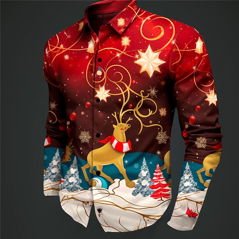 Christmas Men's Christmas animal Printed Shirts Santa Claus Casual Daily Wear Going out Fall & Winter Turndown Long Sleeve Dark Red, Black, Red S, M, L 4-Way Stretch Fabric Shirt