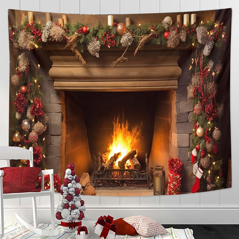 Christmas Decorations Fireplace Hanging Tapestry Wall Art Xmas Large Tapestry Mural Decor Photograph Backdrop Blanket Curtain Home Bedroom Living Room Decoration2