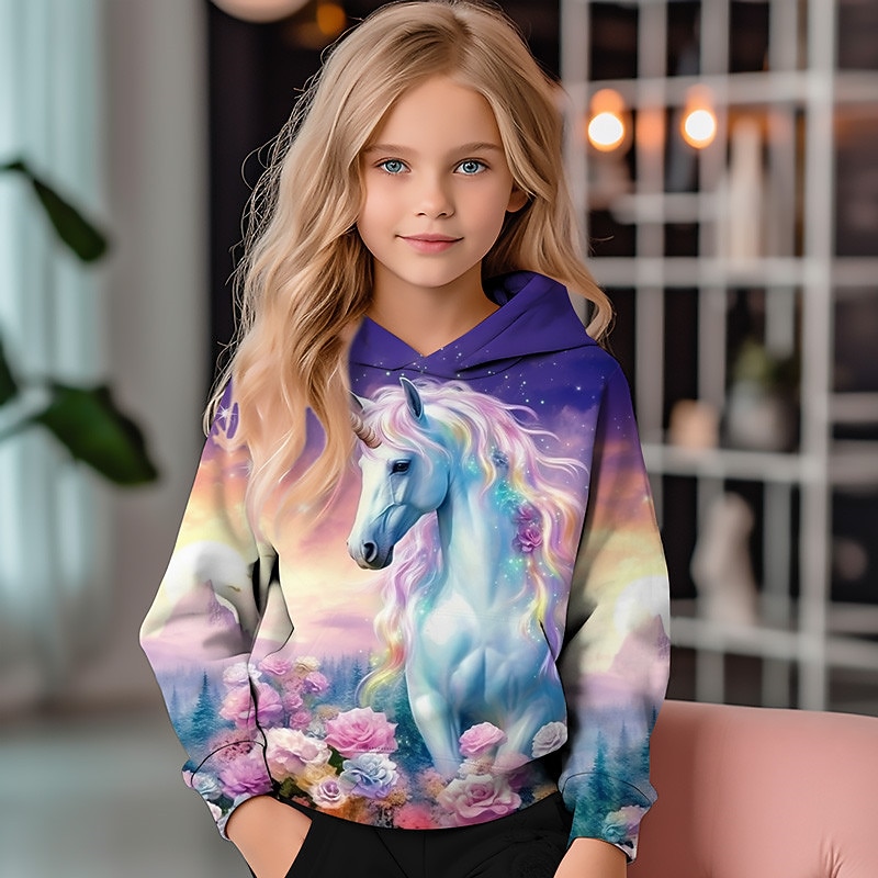 Girls' 3D Unicorn Hoodie Pullover Long Sleeve 3D Print Fall Winter Active Fashion Cute Polyester Kids 3-12 Years Outdoor Casual Daily Regular Fit3
