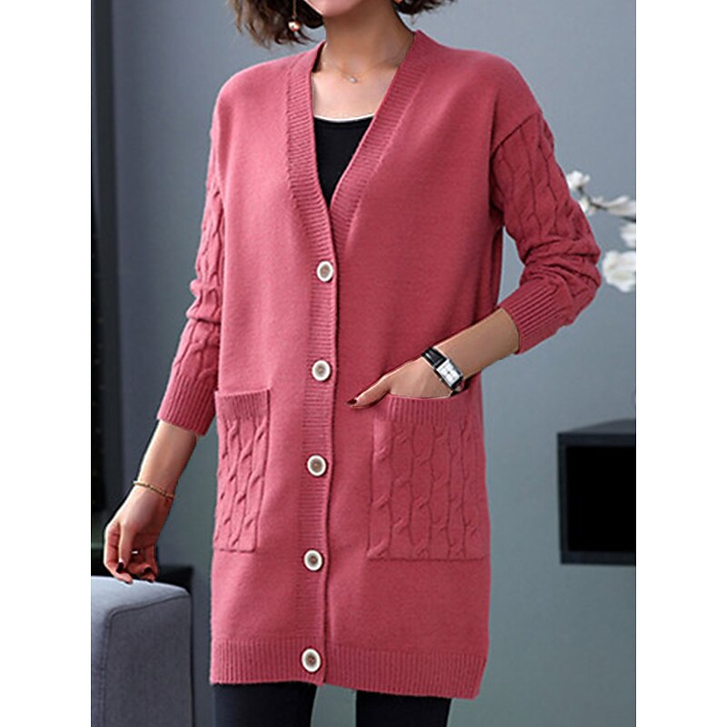Women's Cardigan Sweater Stylish Casual Soft Solid Color Cable V Neck Buttons Pocket Long Sleeve Long Tops Knit Outdoor Daily Going out Black Red Fall Winter2