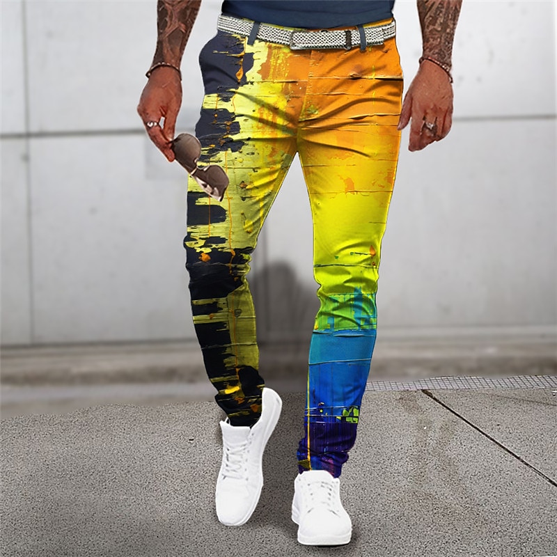 Gradual Abstract Men's 3D Print Pants Trousers Outdoor Street Going out Polyester Yellow Blue Orange S M L Mid Waist Elasticity Pants2