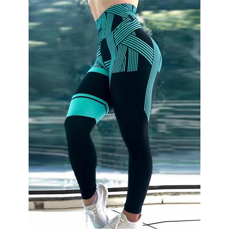 Women's Leggings Cozy Leggings Active Fashion Streetwear Ankle-Length High Waist Stripe Printing High Cut Breathability Soft Comfortable Micro-elastic Outdoor Yoga Street Robin's Egg Blue White