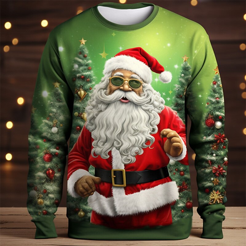 Christmas Men's Graphic Santa Claus T Shirt Long Sleeve T shirt 3D Print Crew Neck Shirt Fashion Designer Casual Sports Outdoor Holiday Going out Light Green Red Dark Green Spring &  Fall Clothing4