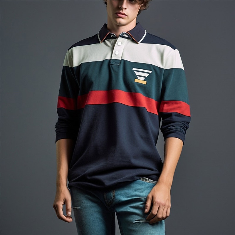 Men's Stripe Rugby Polo Long Sleeve Polo Shirts Zip Casual Outdoor Casual Daily Streetwear 3D Print Fall & Winter Red Blue Orange2