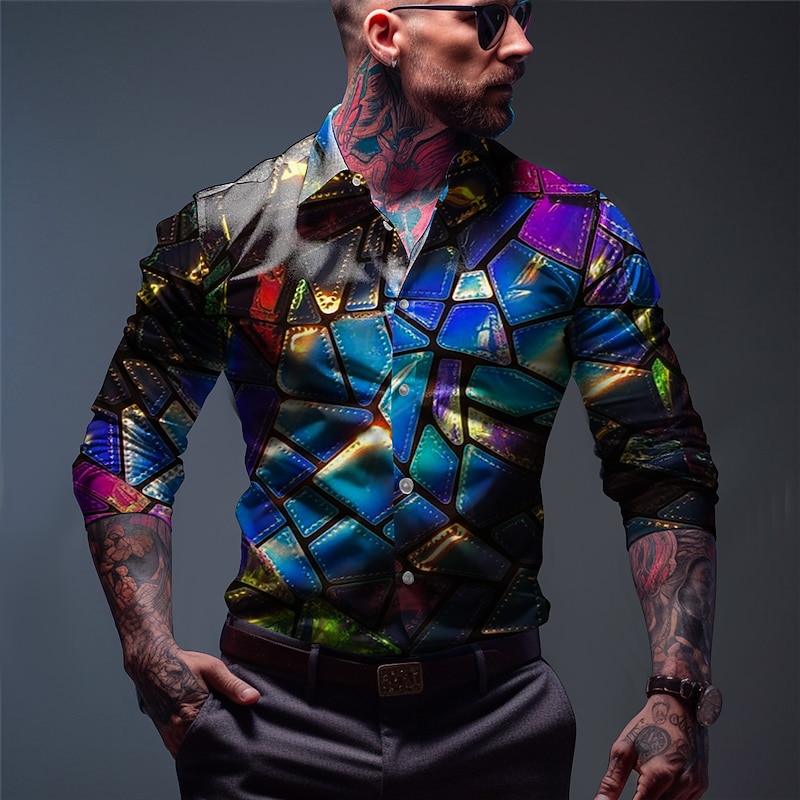 Men's Color Block Geometry Shirt Button Up Shirt Long Sleeve Abstract Outdoor Street Casual Daily Fall & Winter Turndown Buttons Print Black Dark Navy Blue Dark Blue4