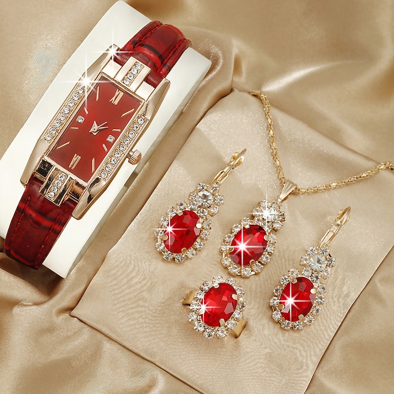 5PCS Set Fashion Women Rectangle Watches Ladies Business Green Leather Quartz Watch Womens Necklace Earrings Bracelet Wristwatch