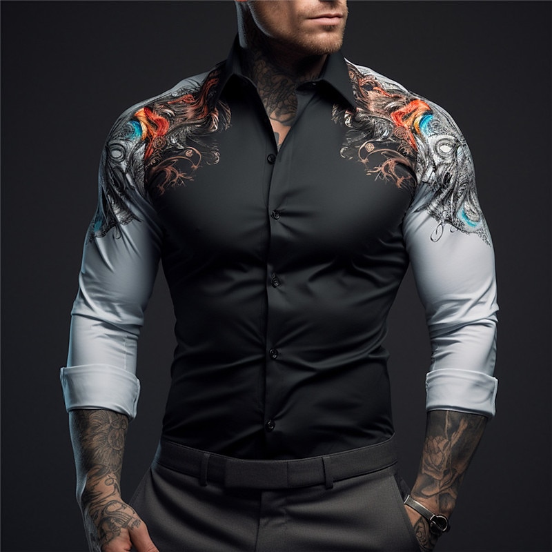 Men's Shirt Button Up Shirt Long Sleeve Casual Outdoor Street Casual Daily Fall & Winter Turndown Buttons Print Black Blue Dark Blue Gray3